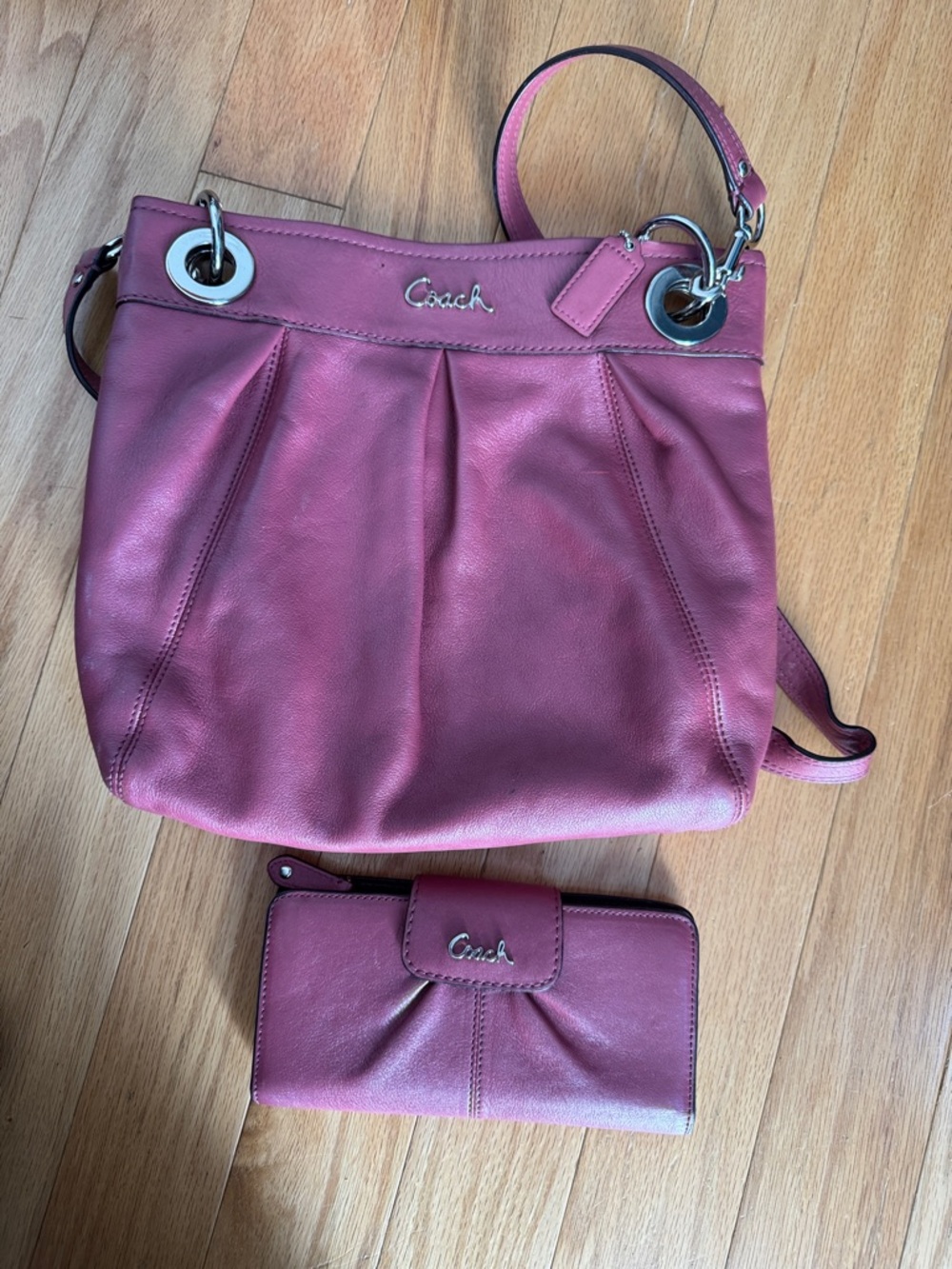 Coach Pink Pebbled Leather Shoulder Bag with Matching Wallet